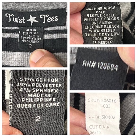 Twist Tees Size 2 Oversized Gray Black Striped V-neck Long Sleeve Top Stretch - Picture 10 of 16